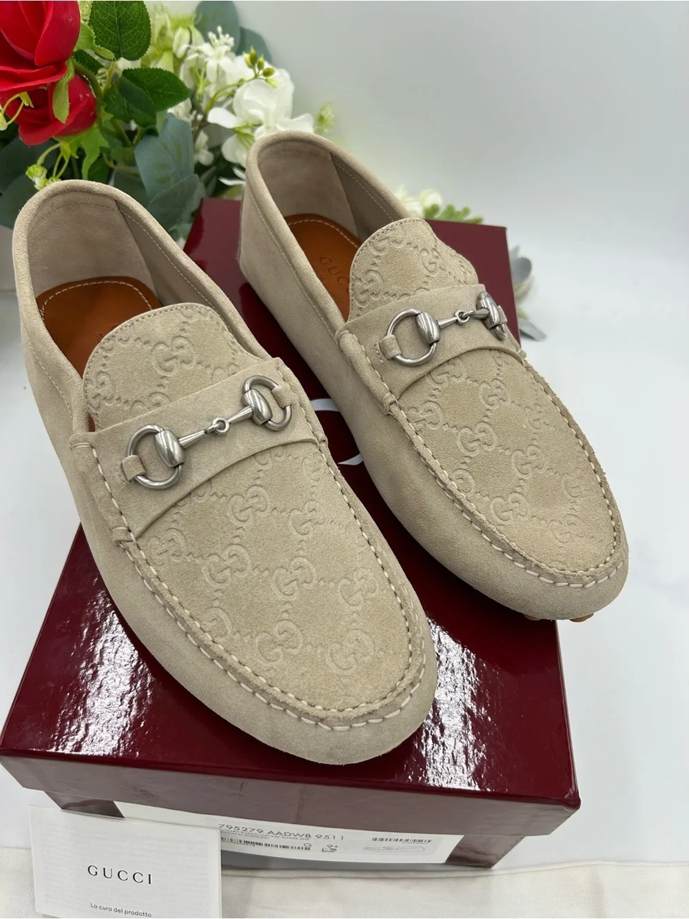 Men's Gucci GG embossed suede driver loafers size 9.5 fits 10.5 US made in Italy